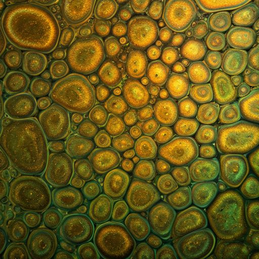 Abstract macro photography of biological structures resembling a vibrant healthy microbiota with golden and green hues